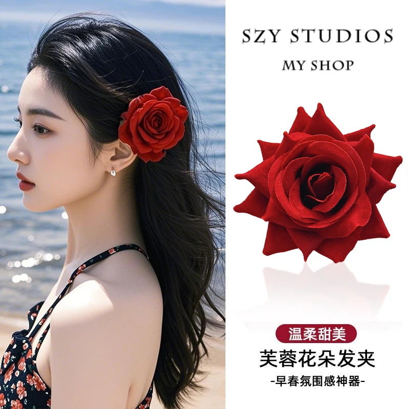 红色玫瑰花发夹女海边度假拍照花朵发卡侧边鸭嘴夹刘海夹子头饰