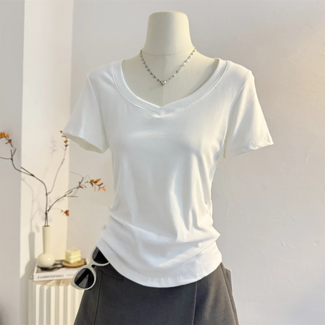 白色V领正肩短袖T恤女2025夏简约纯色修身体恤弧形下摆小众BM上衣