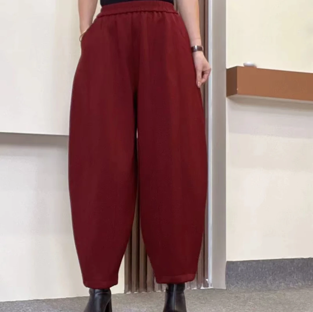 大码加绒加厚洋气宽松舒适百搭纯色松紧腰时尚遮肉显瘦灯笼裤