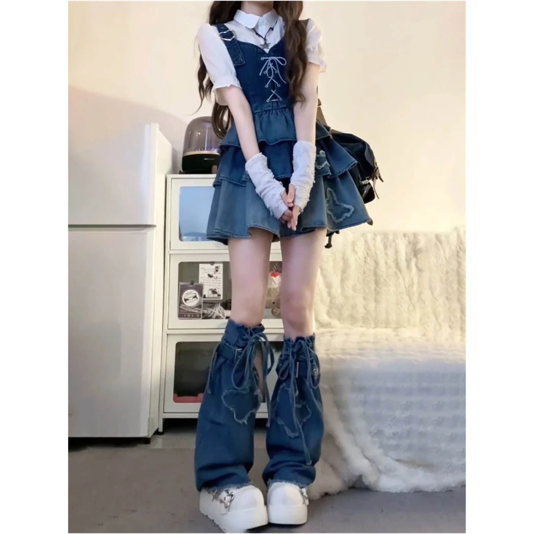 2025夏季新款日系纯欲穿搭渐变半身裙+可爱牛仔吊带+百搭短袖衬衫