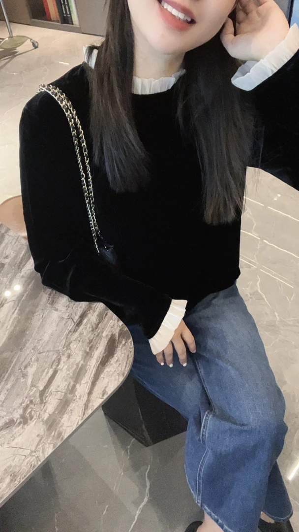 【北总严选】帕迪恩木耳领丝绒长袖花苞袖撞色小衫25PD-S2530