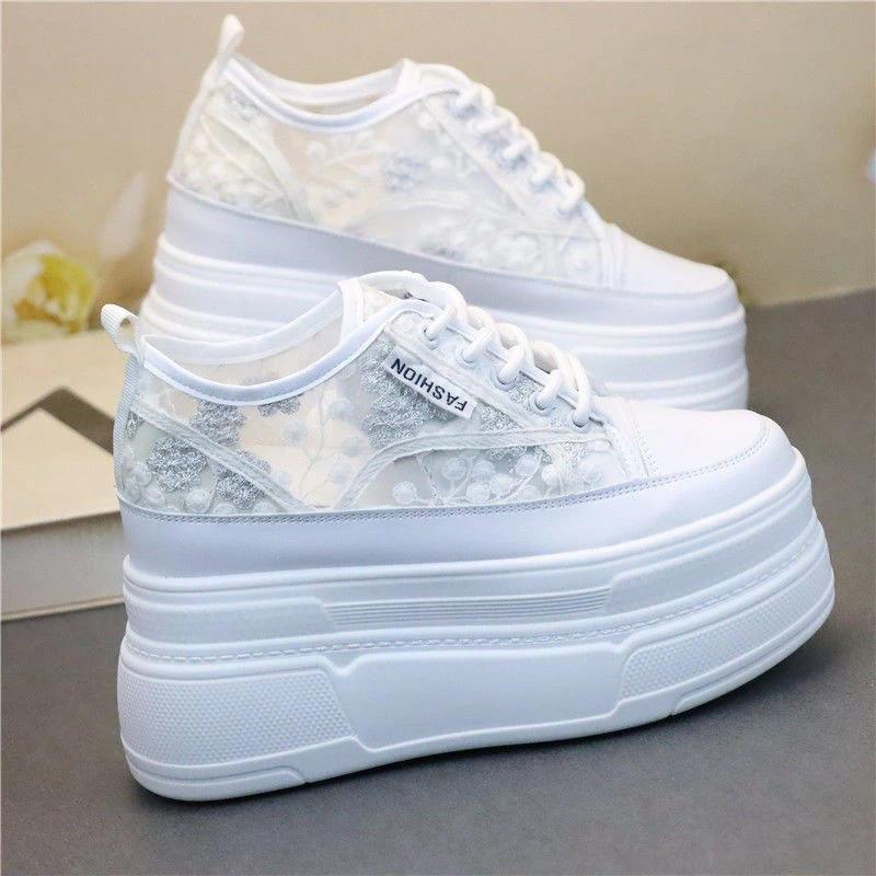 内增高12CM小白鞋女夏新款透气网纱薄款透气板鞋厚底10公分休闲鞋