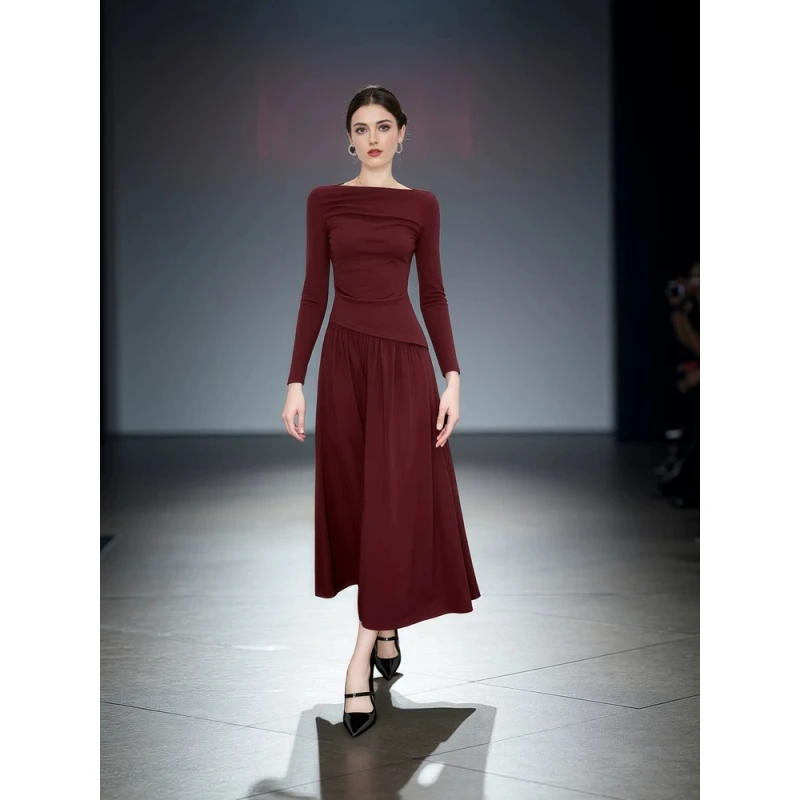 秋季法式优雅安哥拉红设计一字肩长袖上衣半身裙两件套女