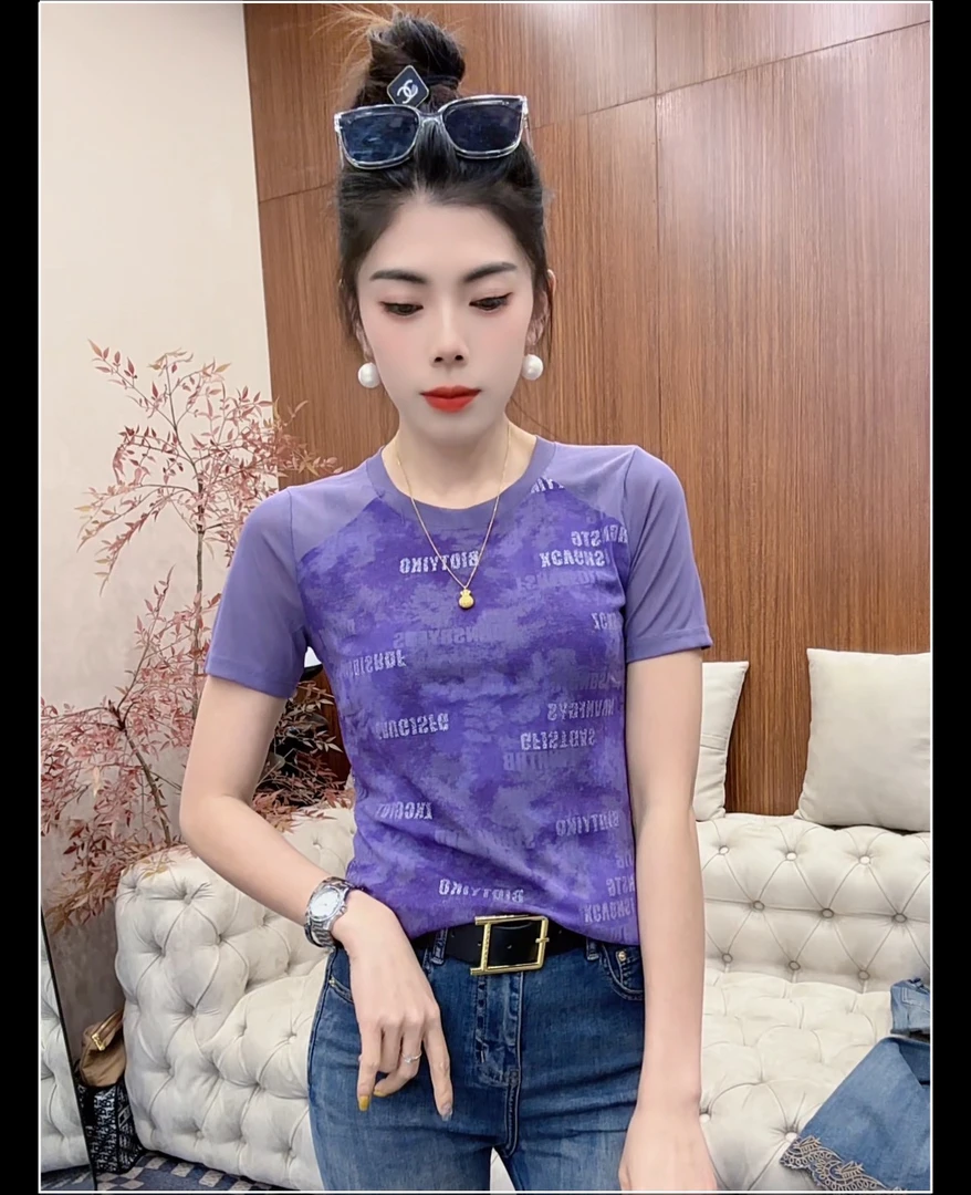 月月家，新款网纱打底印花夏季洋气弹力时尚显瘦上衣6036