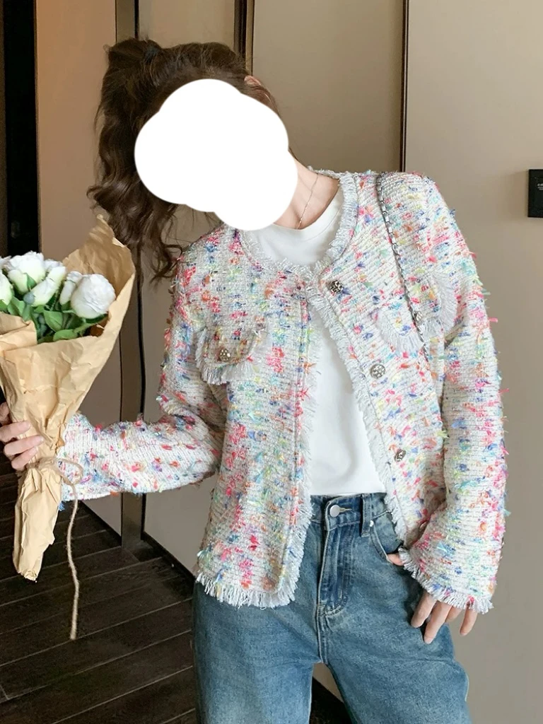 小红小绿大码小香风纽扣森系短款粗花呢春款长袖外套