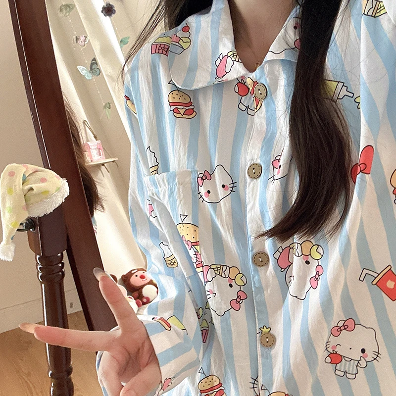 蓝条纹美味kitty睡衣女款春秋季长袖2025年带胸垫学生家居服套装