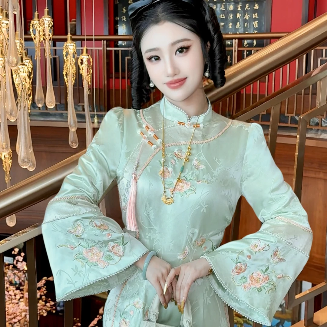 【媛珠 松烟墨玉】重工醋酸刺绣国风贵气旗袍连衣裙长款收腰显瘦