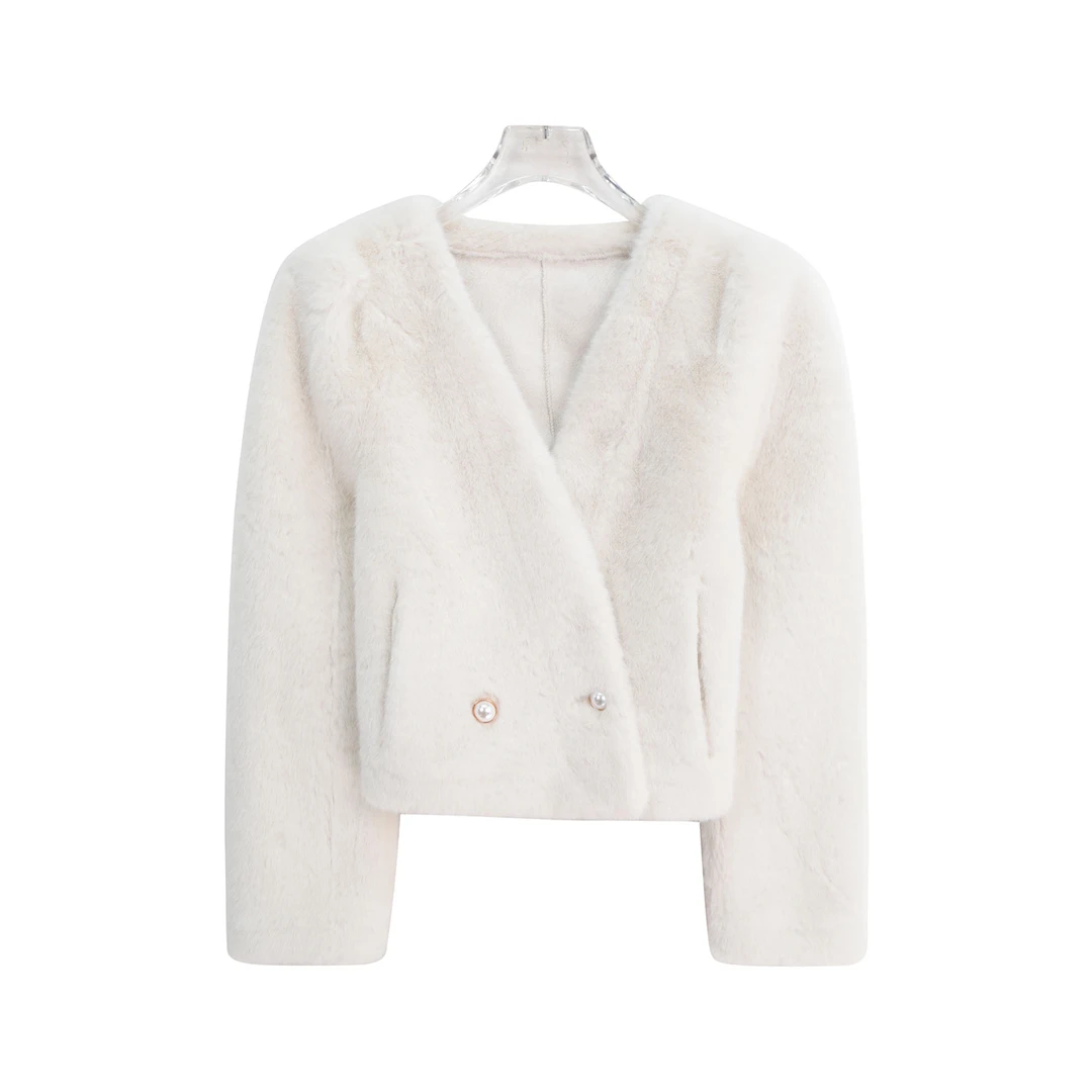 法式时尚气质V领短外套冬季高级感毛毛上衣X27477