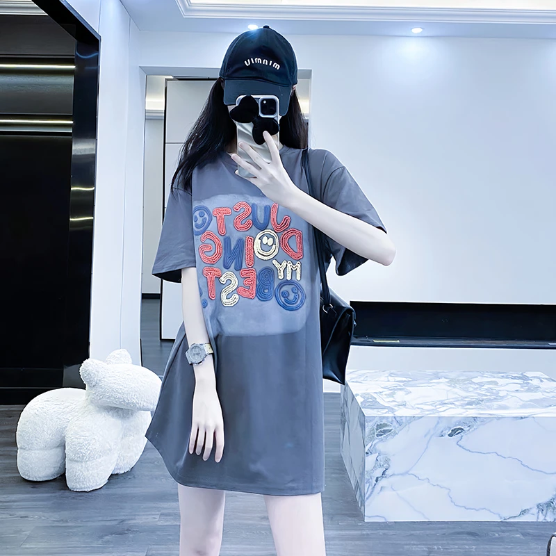 深灰色短袖t恤女2025夏季新款TSU欧货大版洋气中长款宽松体恤上衣