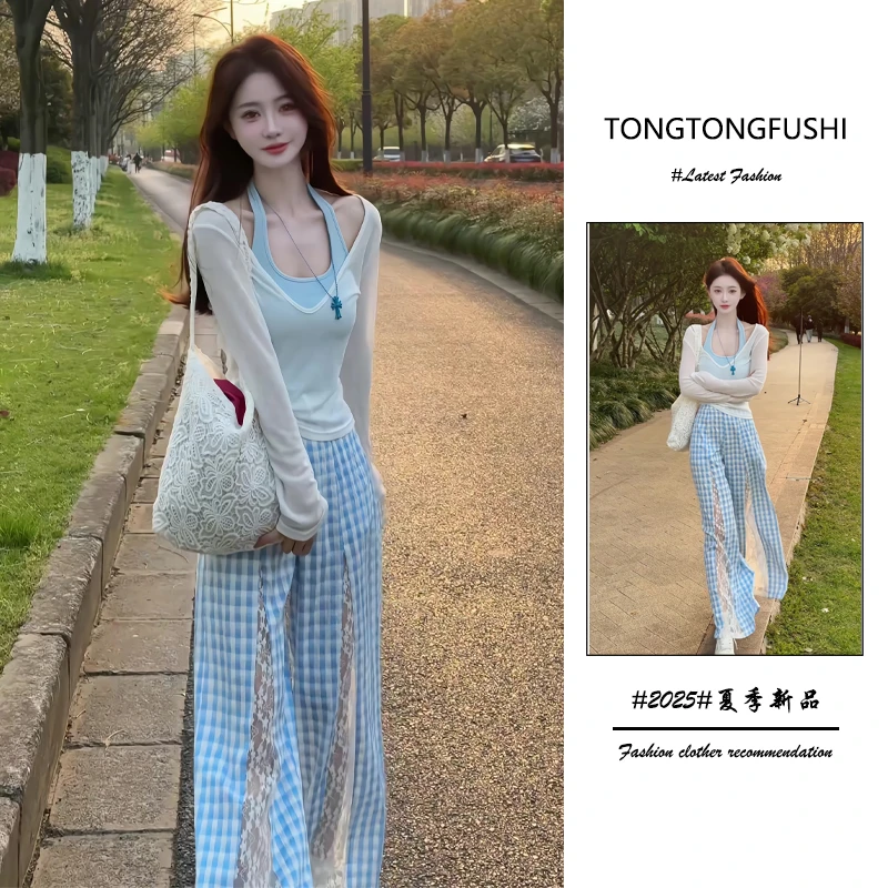 今年流行穿搭一整套2025新款韩版高级感罩衫吊带格子蕾丝阔腿长裤