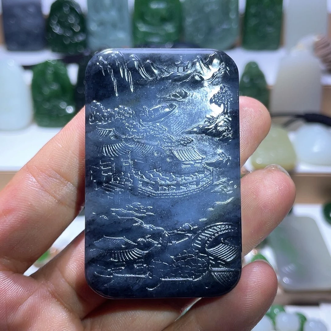 和田玉未镶嵌挂件青花山水牌