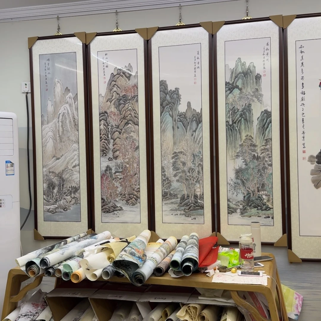 国画春夏秋冬四条屏画框约164×196