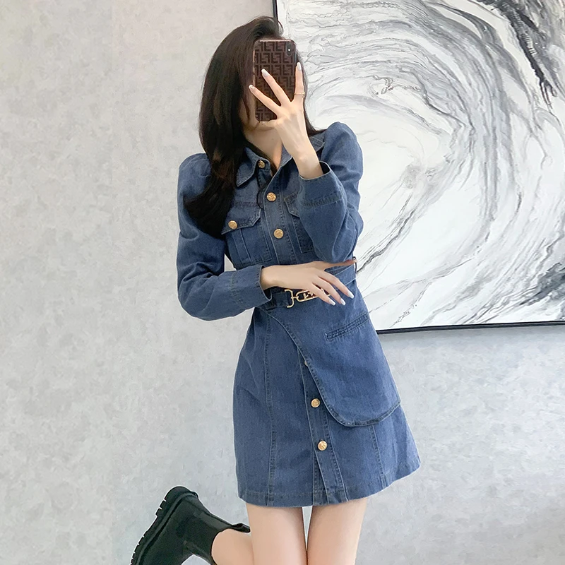 实拍现货2025春季牛仔连衣裙短裙字高腰收腰气质高端通勤减龄