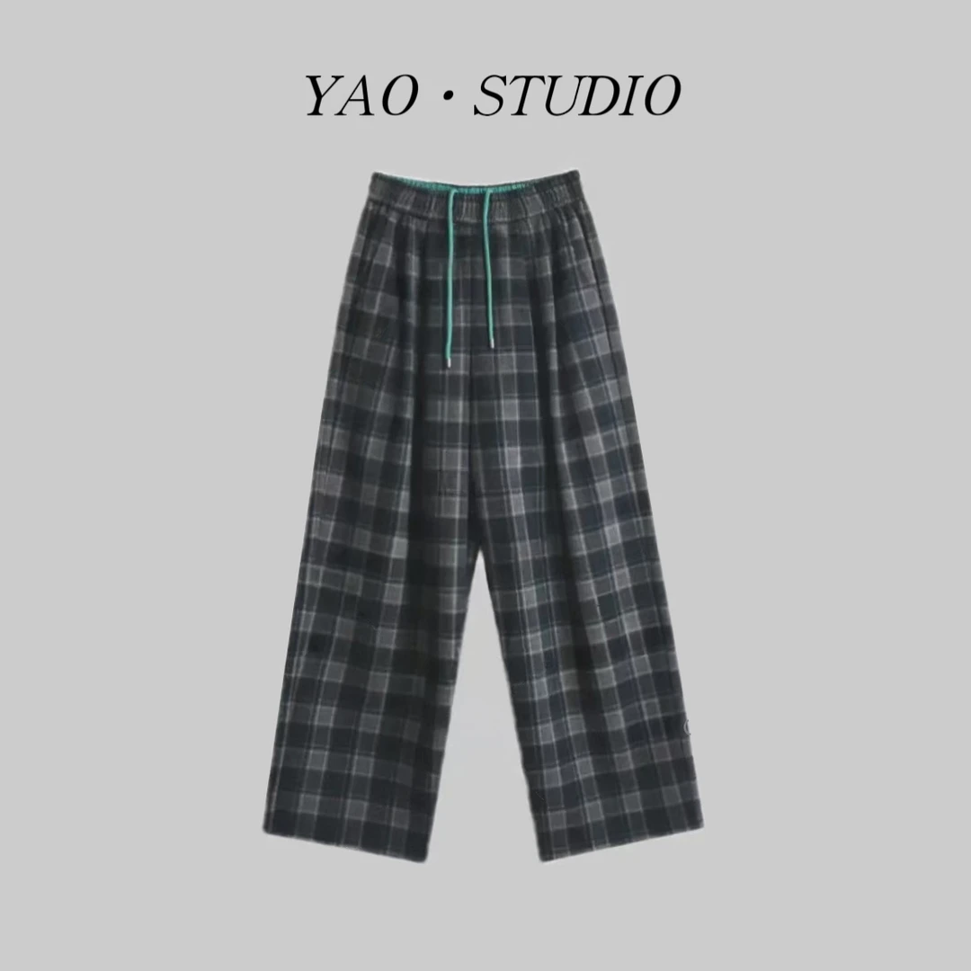 2025新款时尚休闲阔腿裤设计师抽绳百搭垂感女裤格子裤