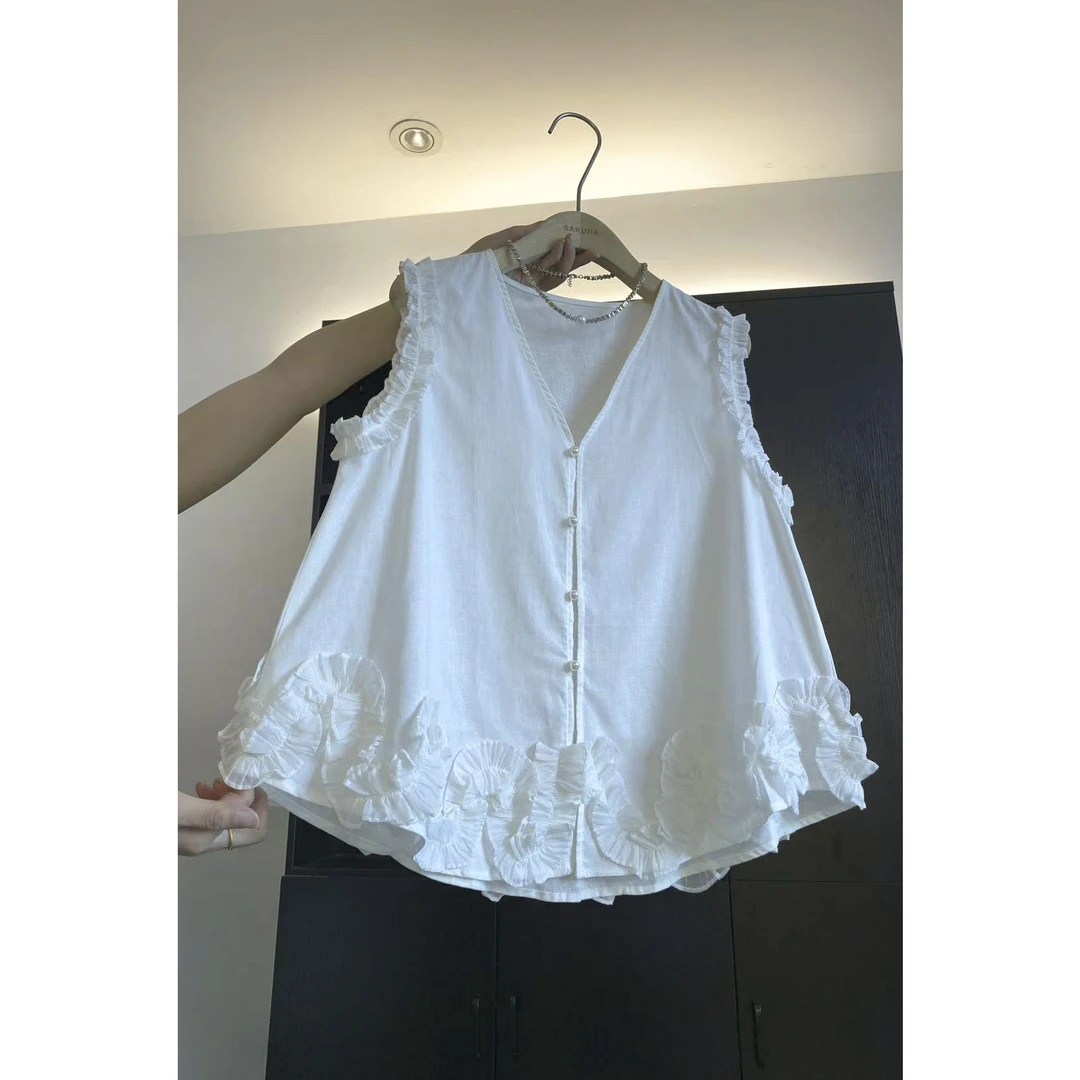 璎婲sᴀᴋᴜʀᴀ【云间织梦】金韩版V领甜美拼接手工木耳边花边无袖衬衫