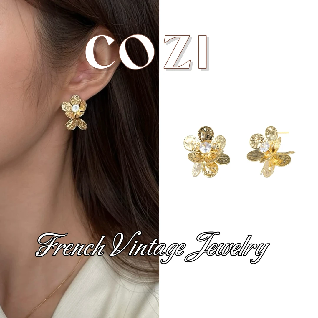 COZI 铜合金锆石耳饰 蔻姿【纹理双花】气质轻奢时尚法式设计感耳饰