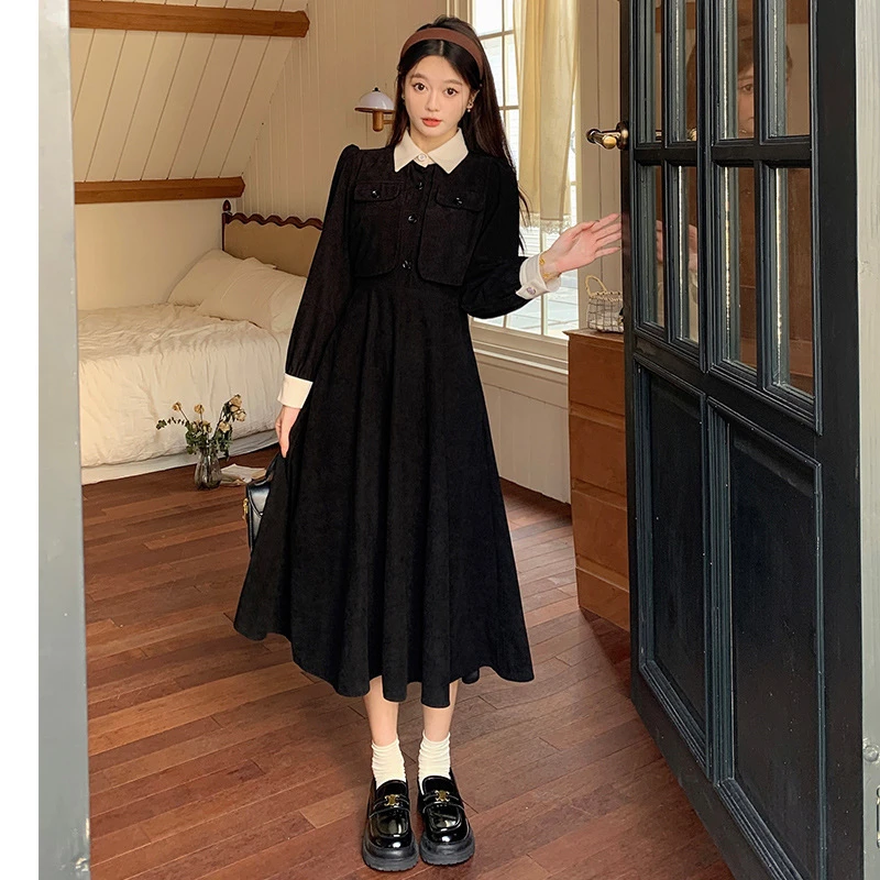 拉链后领包织带小香风连衣裙黑色秋冬女新款显瘦假两件字裙高腰