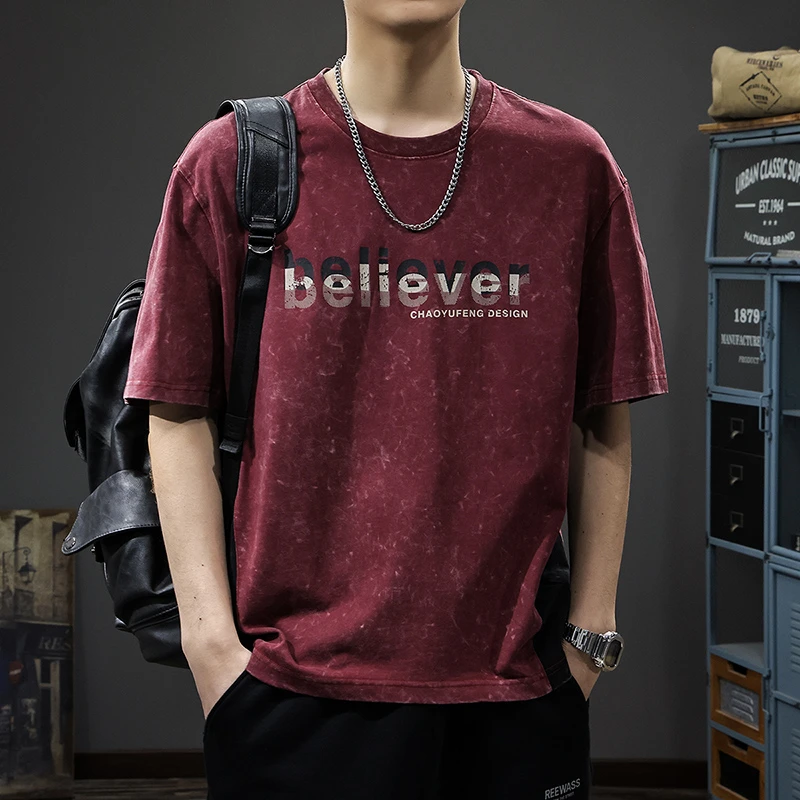 2025新款夏季重磅短袖t恤男薄款宽松潮牌痞帅ins印花纯棉半袖体恤