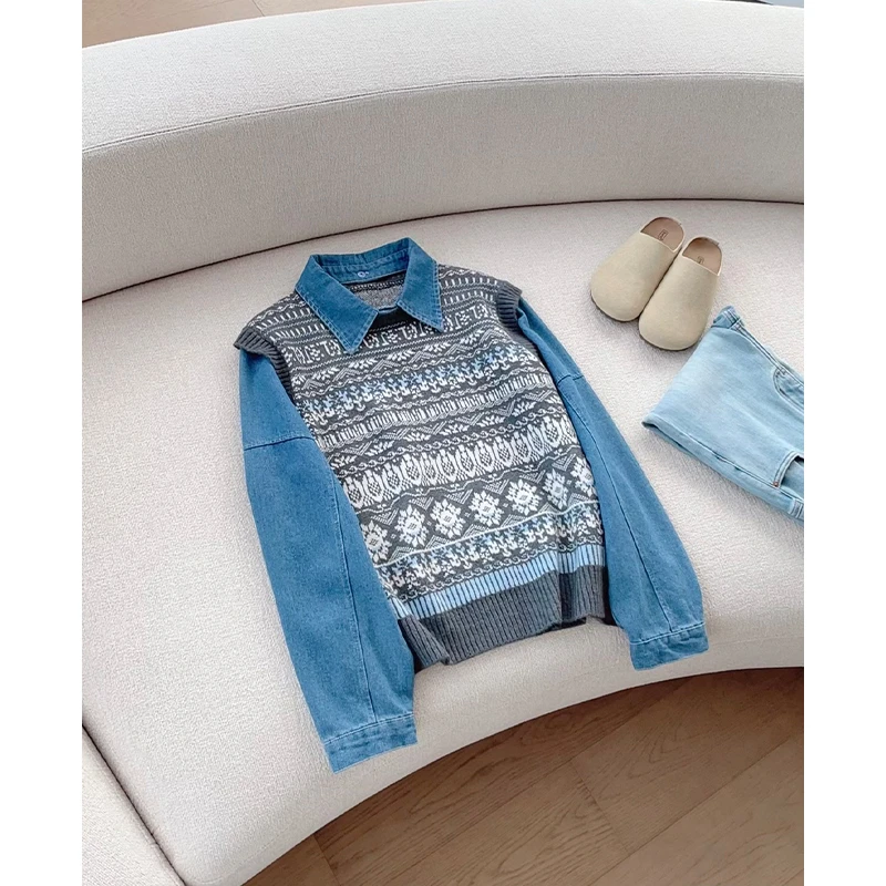 【丹姐家~牛仔马甲假两件】牛仔菱格纹假两件针织衫