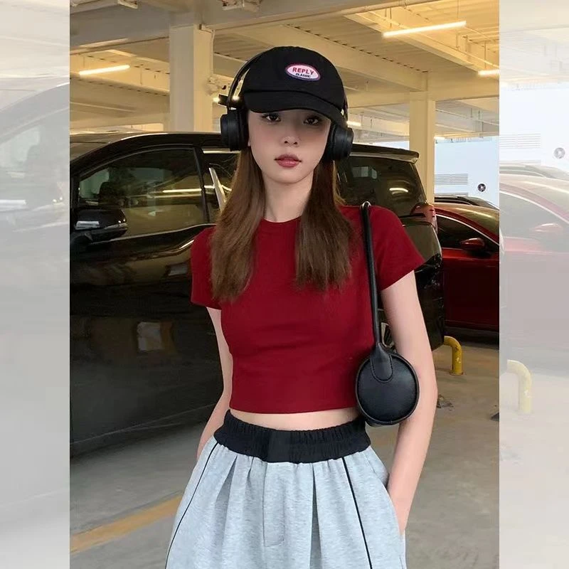 欧美短袖T恤女夏季2023新款辣妹韩版修身短款露肚脐ins红色上衣潮