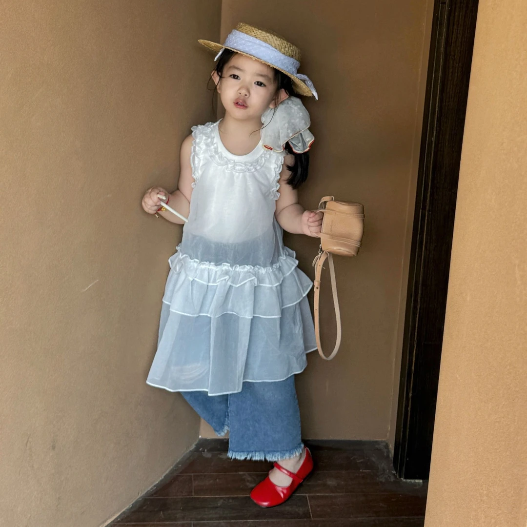 小惜亦2025韩版套装夏季女童套装网纱裙内搭牛仔裤萌娃穿搭套装