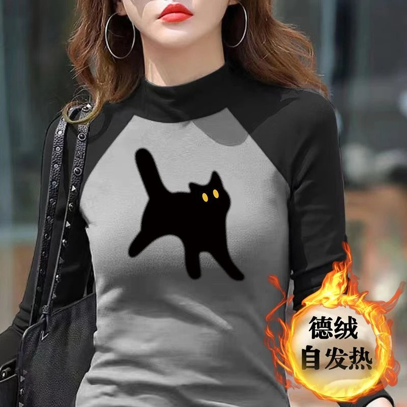 双面德绒拼色半高领欧货不撞款长袖t恤女磨毛气质内搭修身打底衫