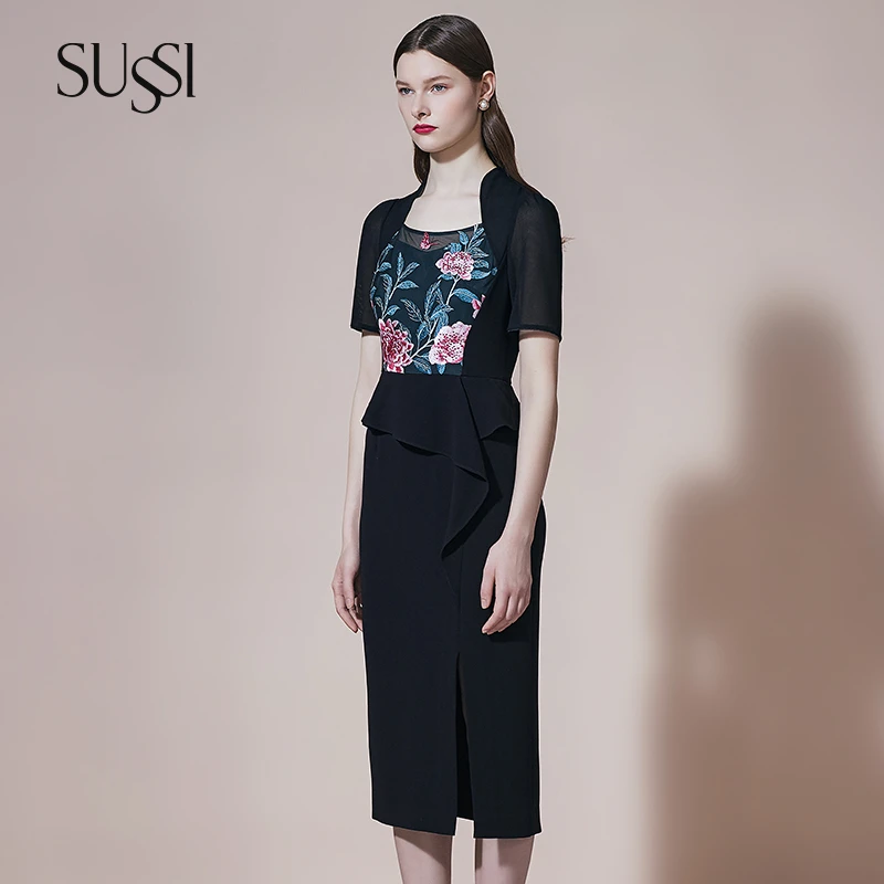 SUSSI/古色新中式商场同款黑色蕾丝气质修身商务通勤连衣裙