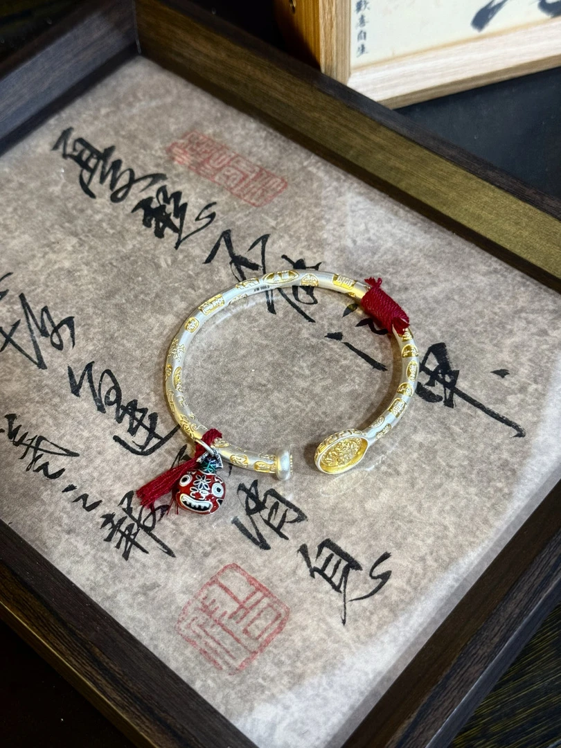 足银手镯 「来财」黄财神手镯红绳款银9999镯子描金拉丝开口五彩