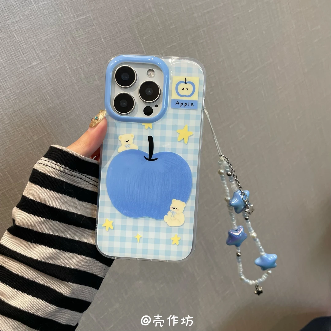 蓝白格纹星星小熊苹果手机壳适用iPhone16/15/14/13防摔保护套