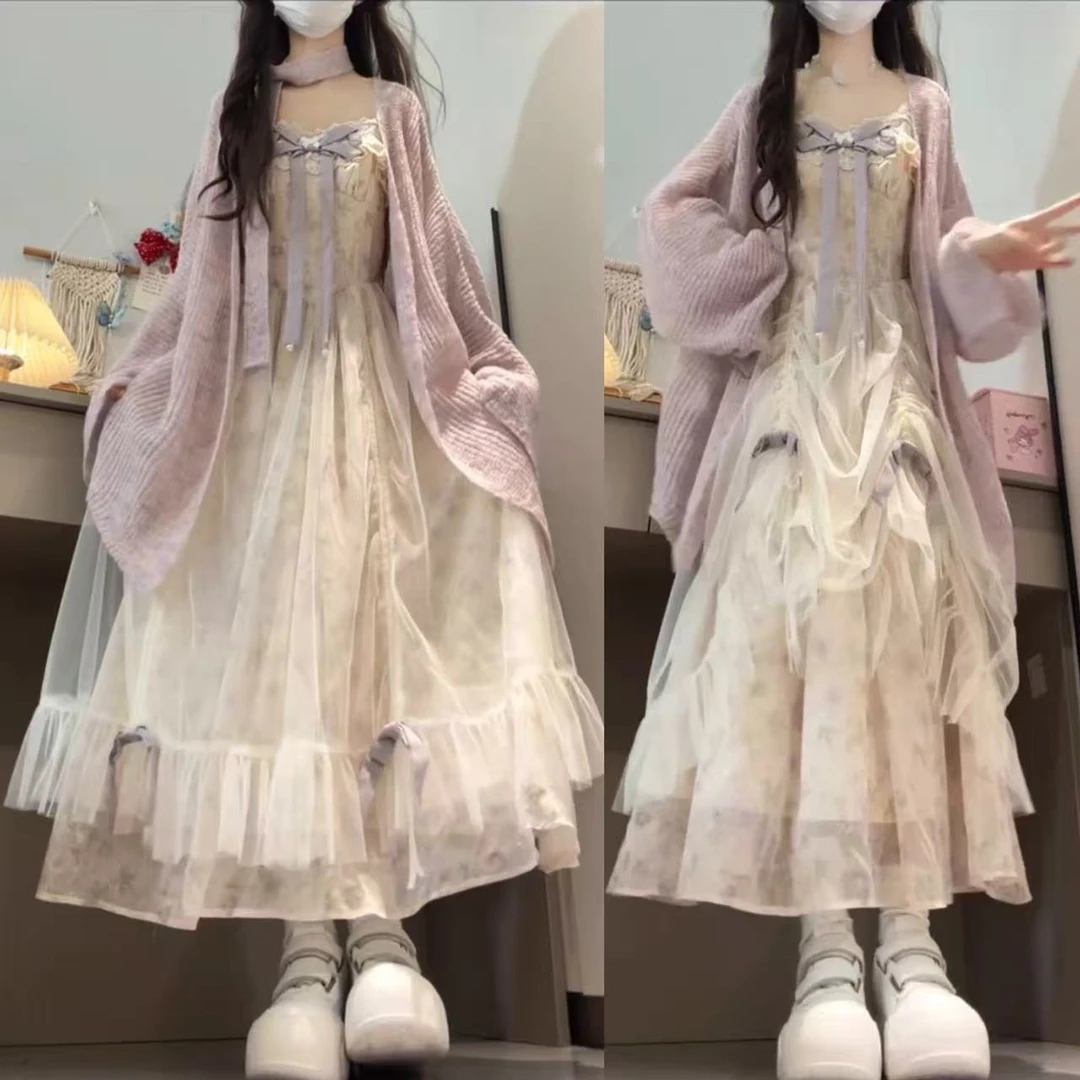 8376 幽兰浮梦超仙绝绝紫碎花抽褶网纱连衣裙＋毛衣两件套