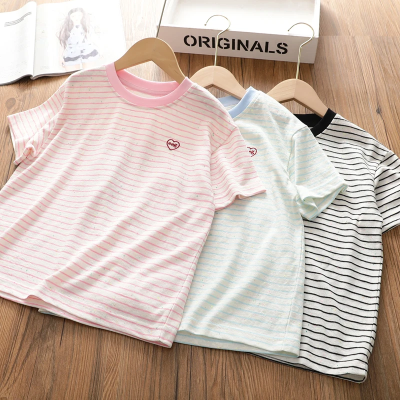 女童夏季新款条纹短袖T恤 韩版刺绣爱心撞色领宽松打底衫上衣