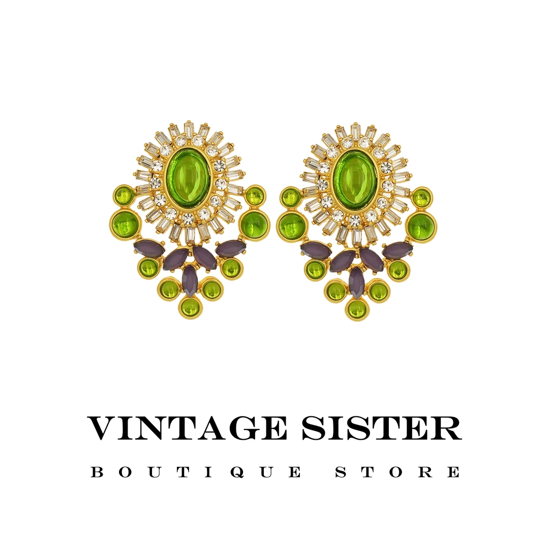 VINTAGE SISTER 合金合成锆石耳饰 22106迷迭香绿色椭圆耳夹轻奢