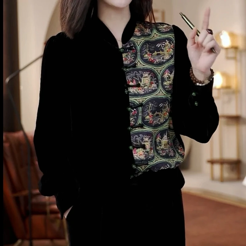 气质复古休闲长袖衬衫女2025秋冬新款新中式拼接印花百搭显瘦上衣