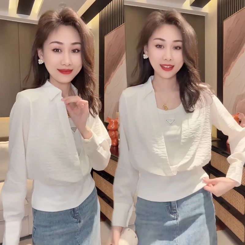 春季新款假两件上衣女设计感拼接洋气小衫气质时尚百搭长袖T恤衫