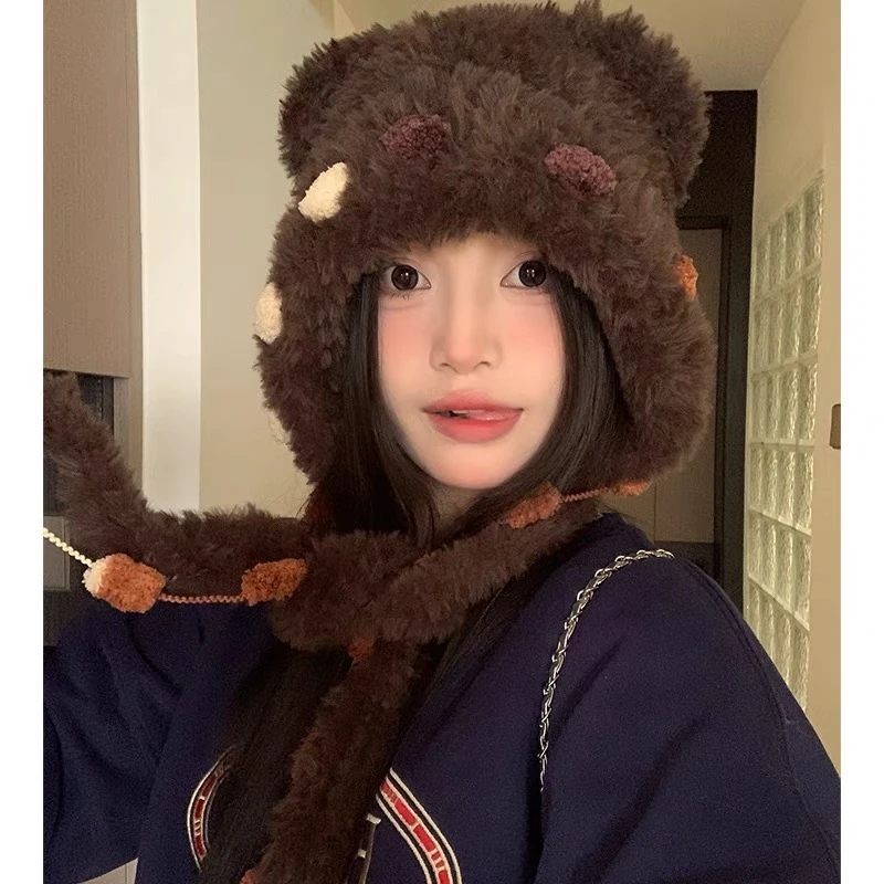 可爱小熊耳朵针织毛绒帽子女秋冬季包头显脸小防寒保暖护耳毛线帽