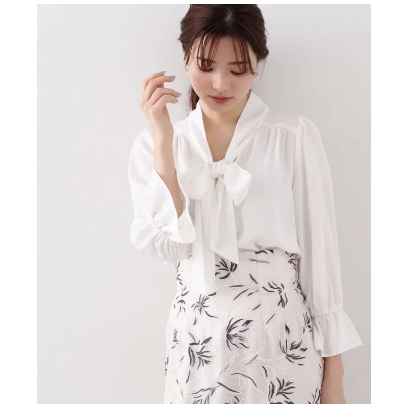 【MonTendre】日系品牌 P 纯色时尚轻熟修身宽松气质绑带V领长袖衬