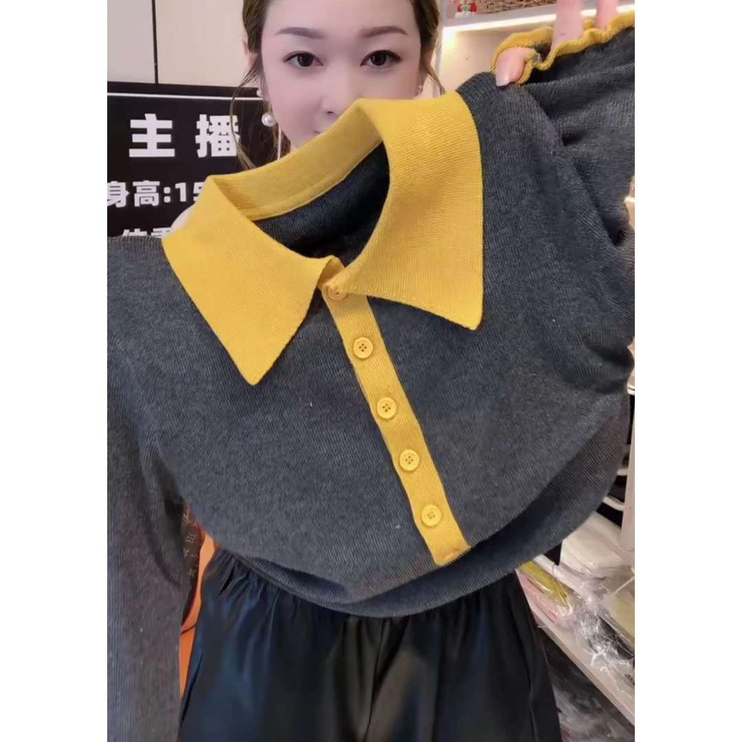 大码mm可穿2025早秋宽松弹性防晒翻领拼色毛针织衫修身长袖上衣