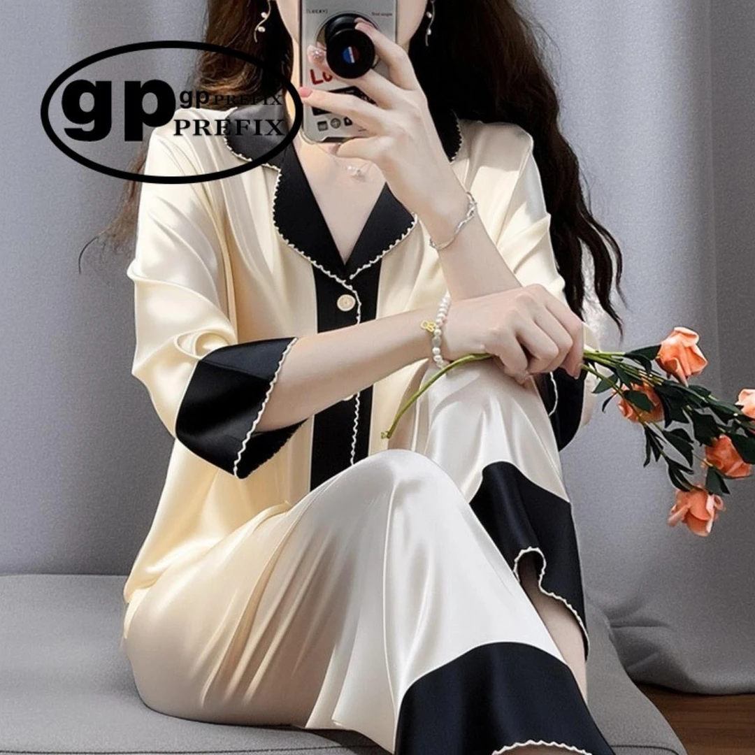 日系小众GP轻奢睡衣女春秋夏季长袖高级感冰丝薄款大码家居服套装