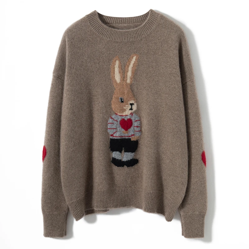 6048山羊绒宽松型厚款圆领羊绒衫冬季打底卡通兔百搭山羊绒针织衫