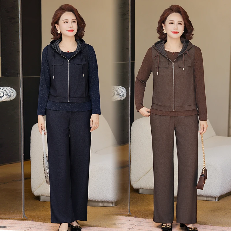 中老年女装2025新款马甲小衫套装妈妈秋装春秋季运动服外套三件套