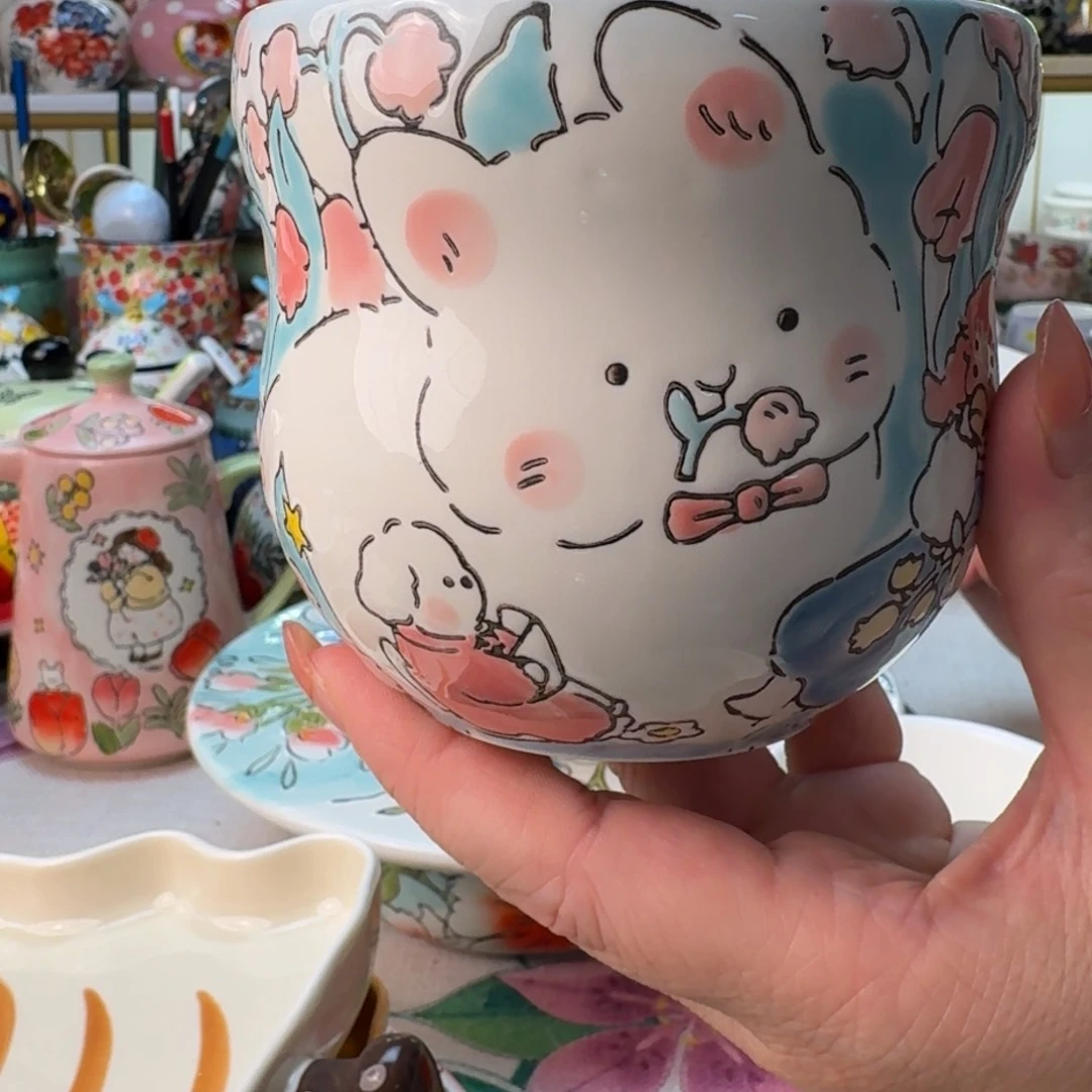 陶瓷蓝莲花风铃花手握杯一只