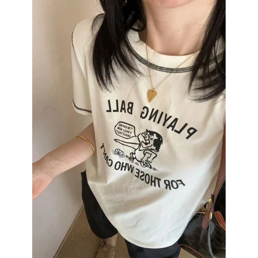 「休闲百搭」~明线短袖春季新款卡通小人修身弹力柔软显瘦百搭25015