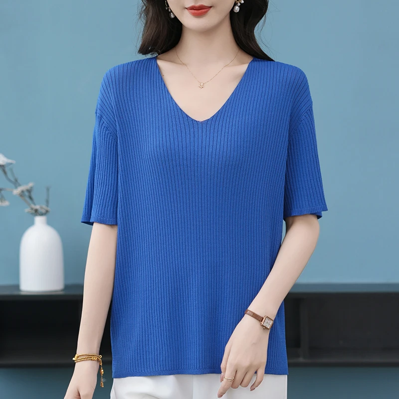 女夏季V领毛针织衫针织5分袖上衣显瘦大码休闲洋气百搭冰丝t恤