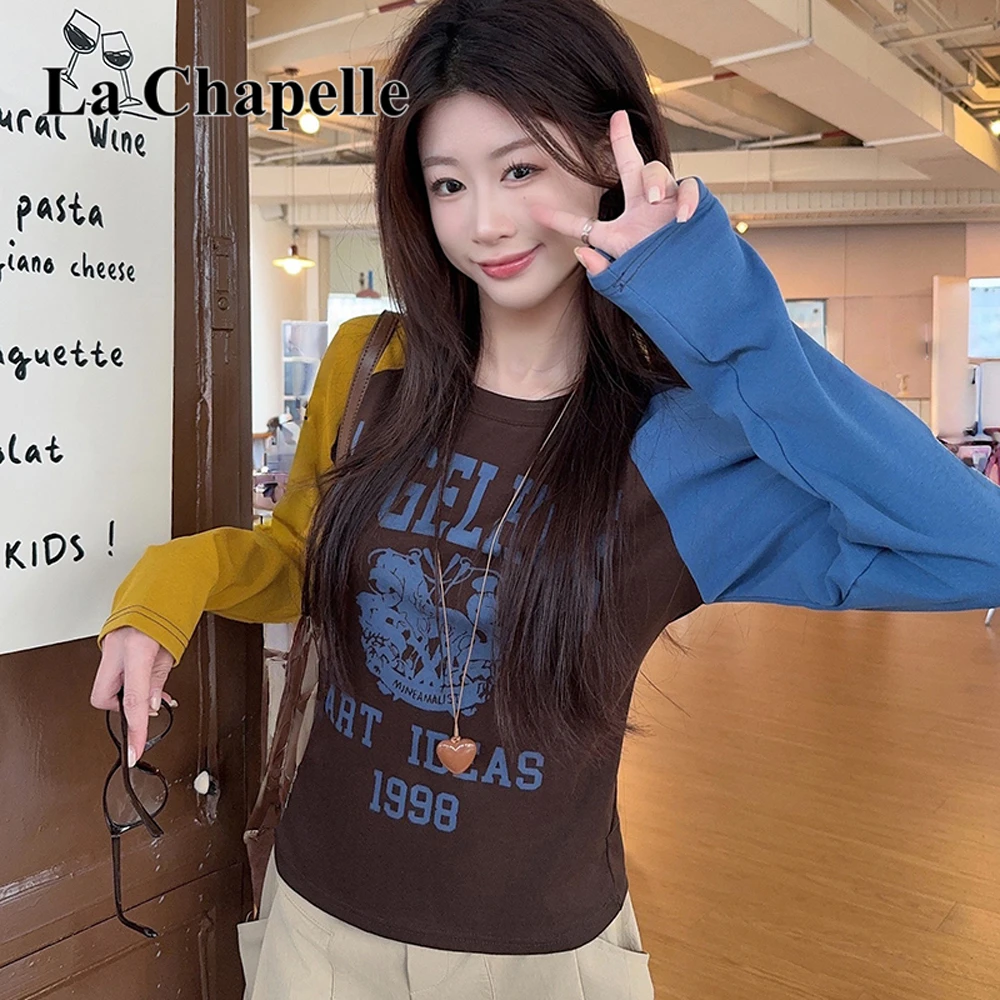 拉夏贝尔时尚插肩袖潮长袖t恤打底衫女春秋撞色新款修身圆领上衣