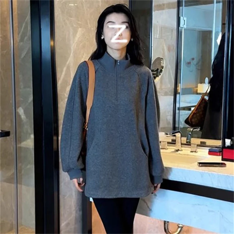 美式慵懒加绒加厚百搭卫衣冬季新款大码胖mm显瘦遮肚子中长款上衣