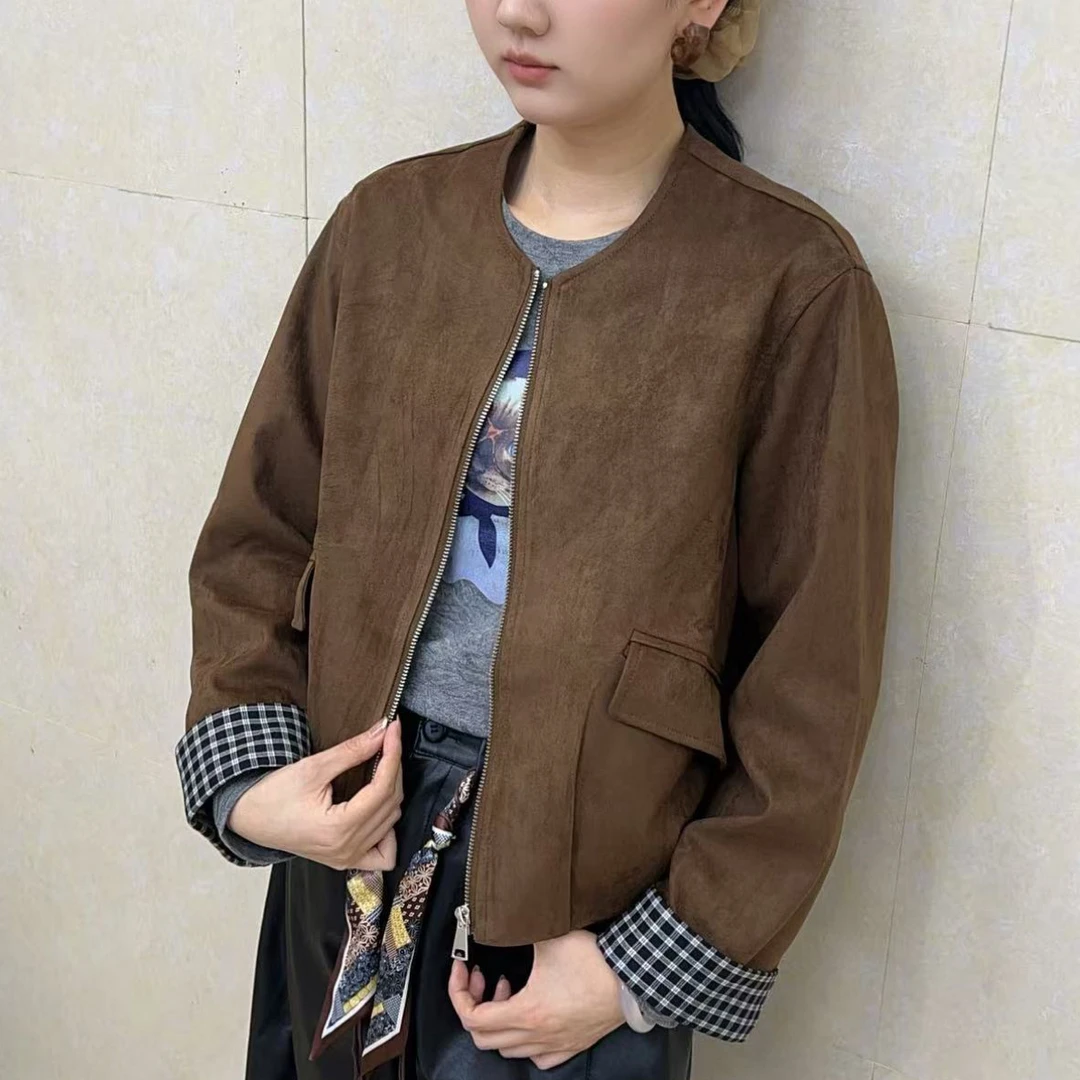 F 06款麂皮绒圆领袖口拼接格子撞色外套