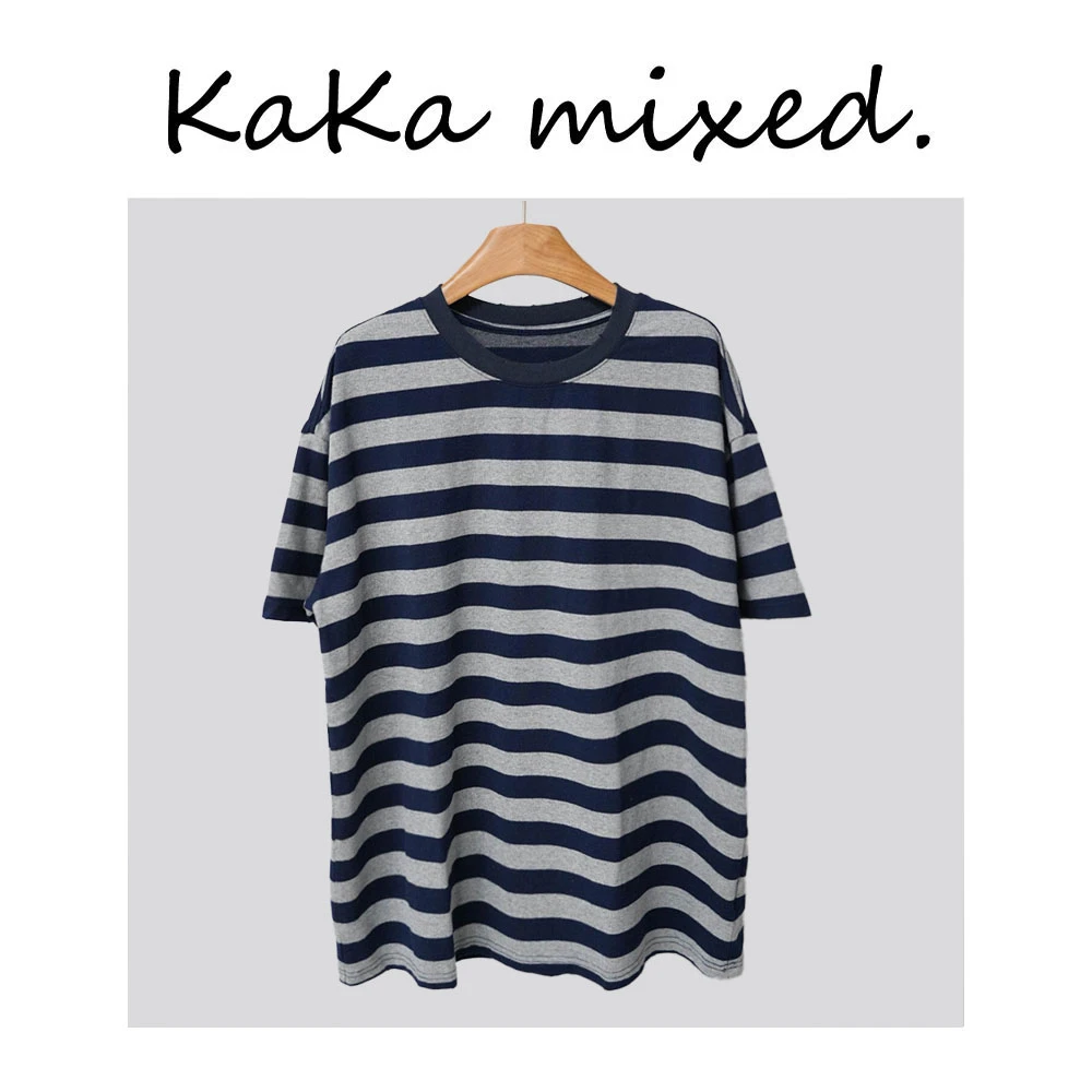 藏青条纹圆领短袖T恤