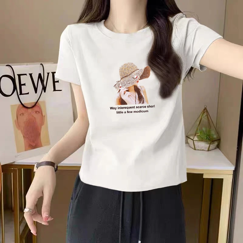 夏季白色正肩圆领韩版洋气短袖t恤简约修身显瘦字母印花女装上衣