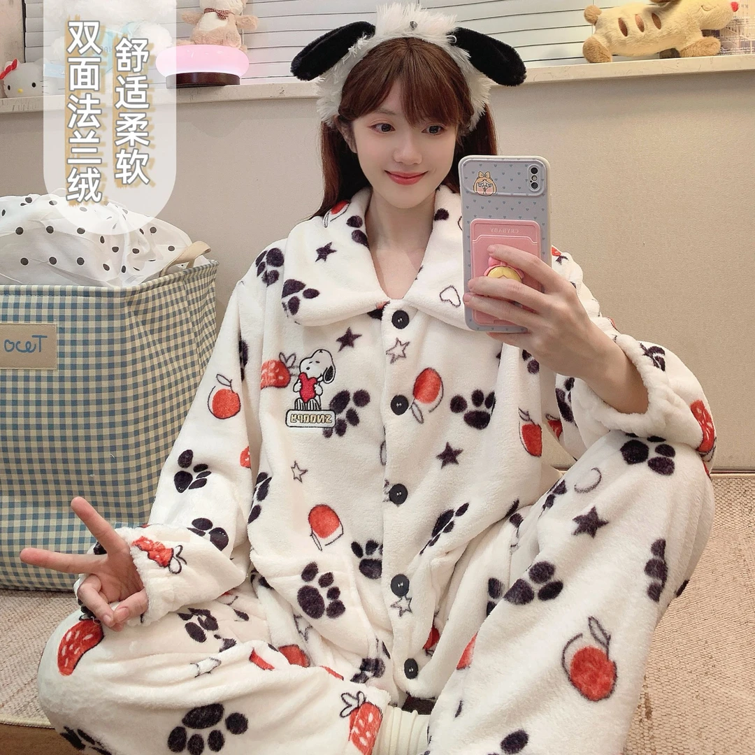 芯语婷秋冬季新款娃娃领法兰绒女士加厚保暖甜美卡通家居服两件套