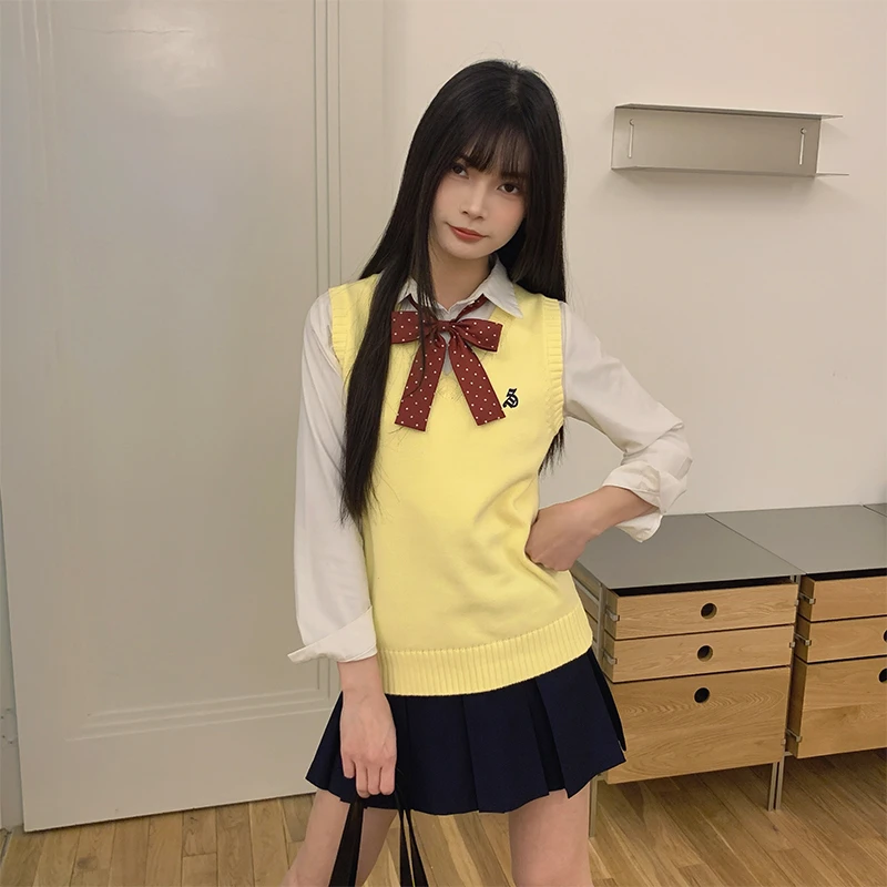 冰淇淋与鲸原创jk制服套装校供感纯色箱褶裙女学院风无袖毛衣背心